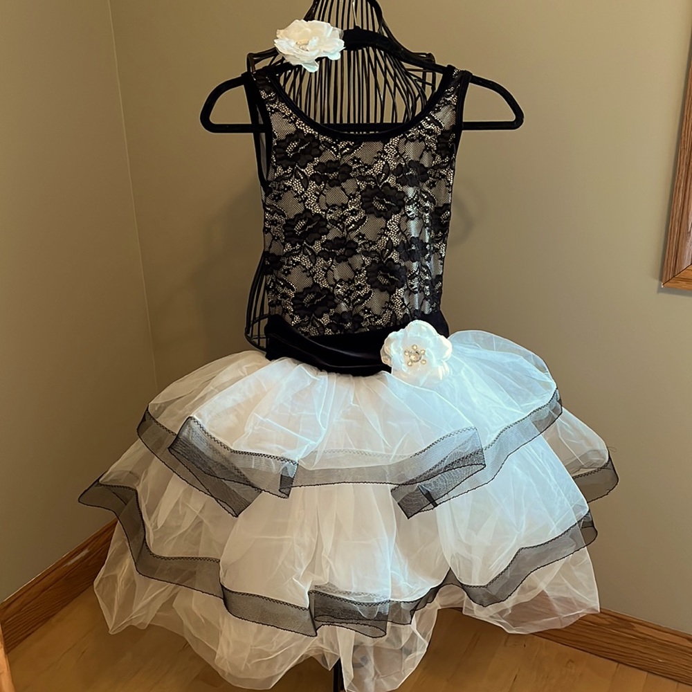Ballet Dance dress black and white with matching flower barrette